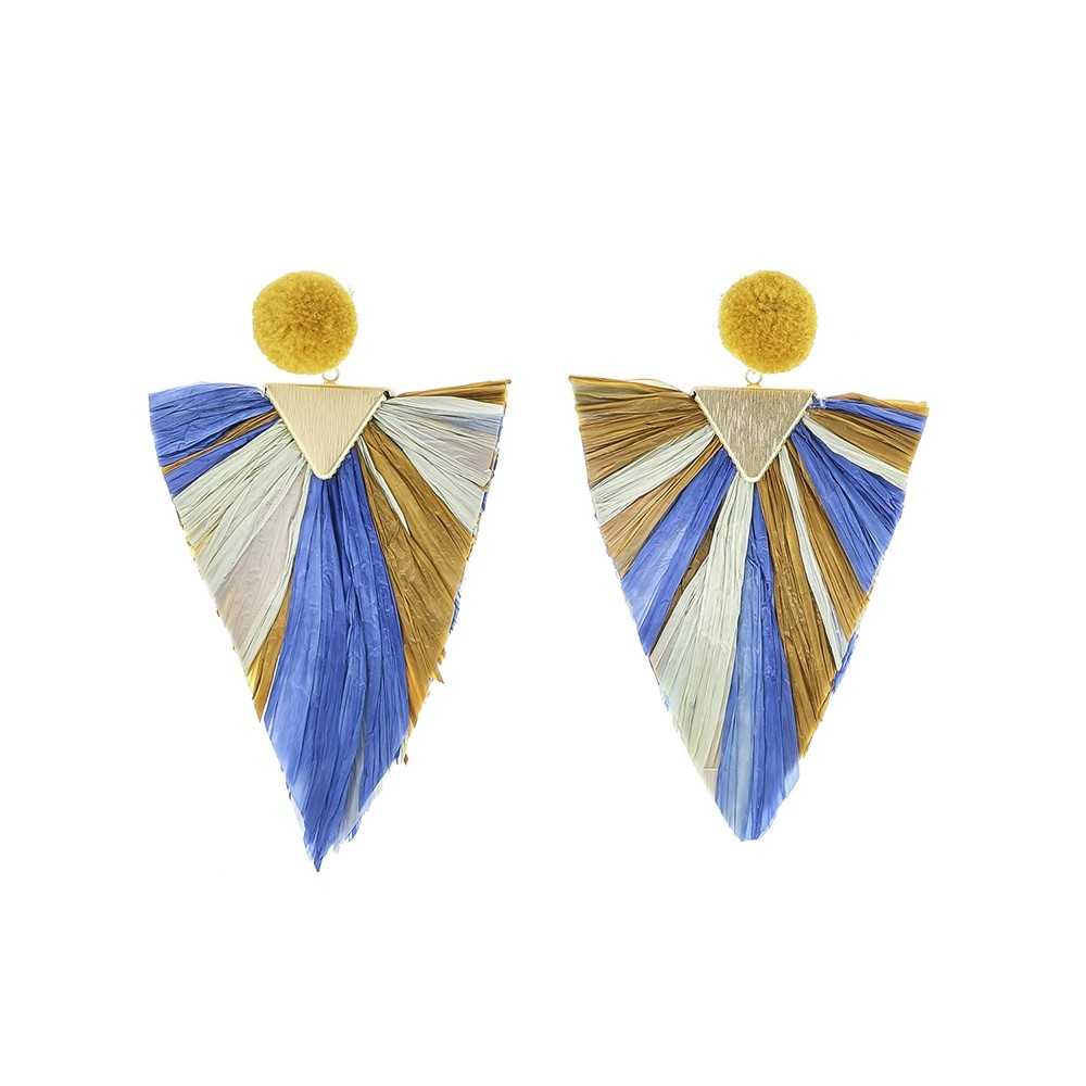 TRIANGULAR RAFFIA HANGING POMPOM EARRINGS