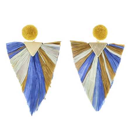 TRIANGULAR RAFFIA HANGING POMPOM EARRINGS