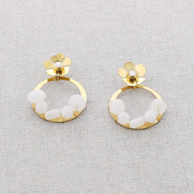 STONE FLOWER HOOP STEEL EARRINGS