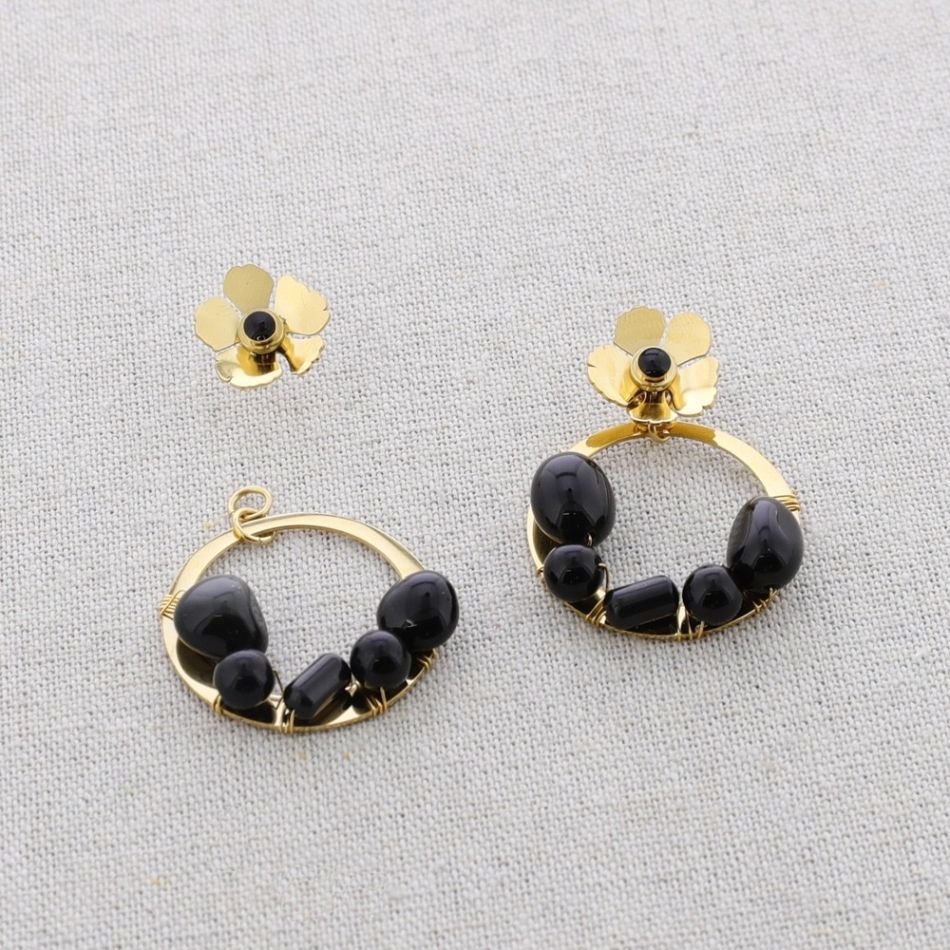 STONE FLOWER HOOP STEEL EARRINGS