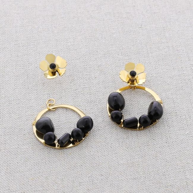 STONE FLOWER HOOP STEEL EARRINGS