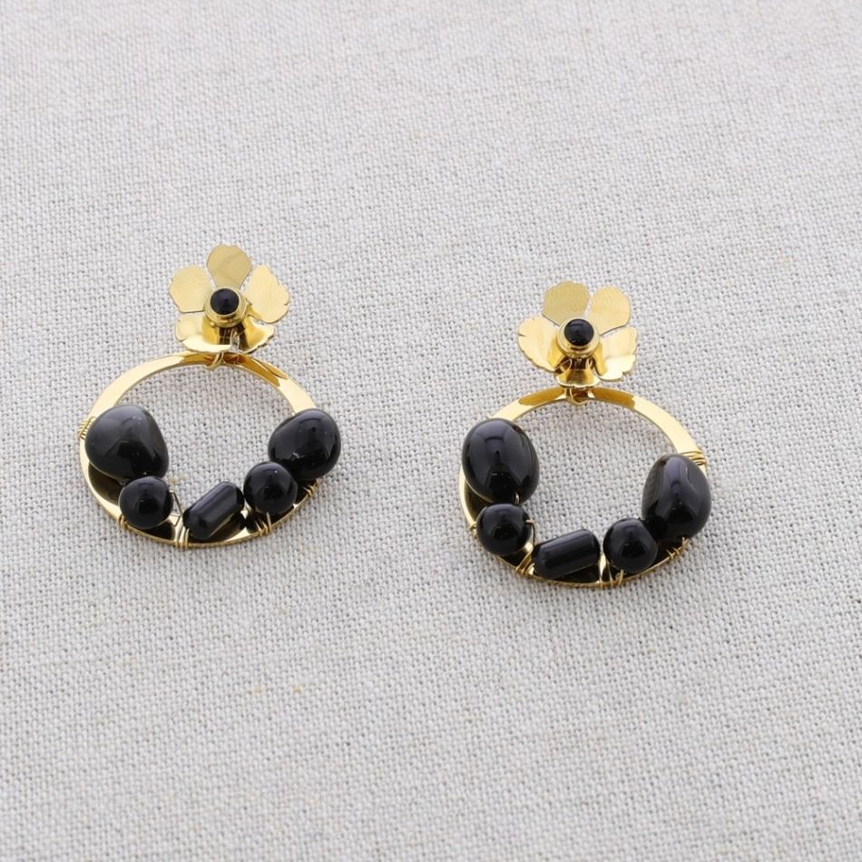 STONE FLOWER HOOP STEEL EARRINGS