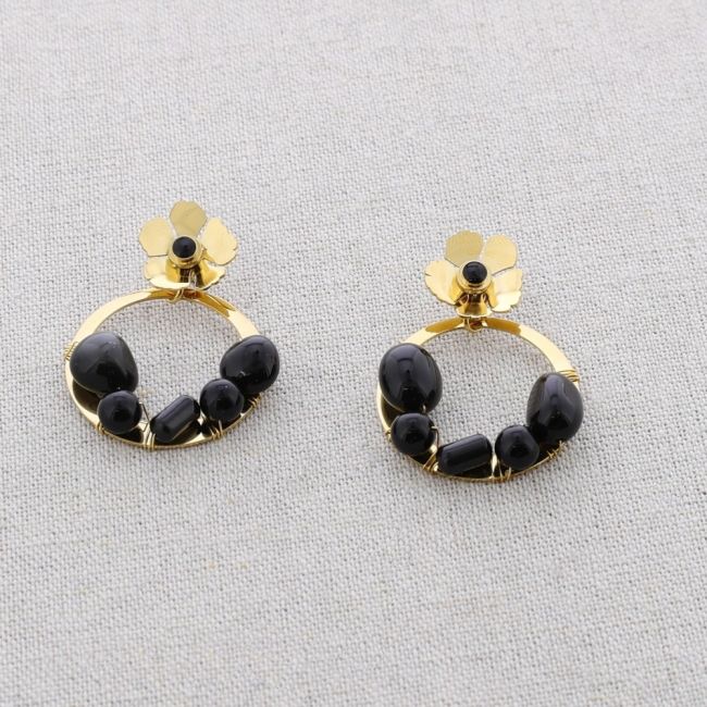 STONE FLOWER HOOP STEEL EARRINGS