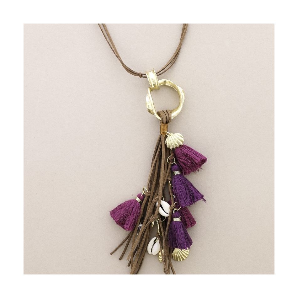 COLLAR LARGO COLGANTE ANILLA METAL FLECOS