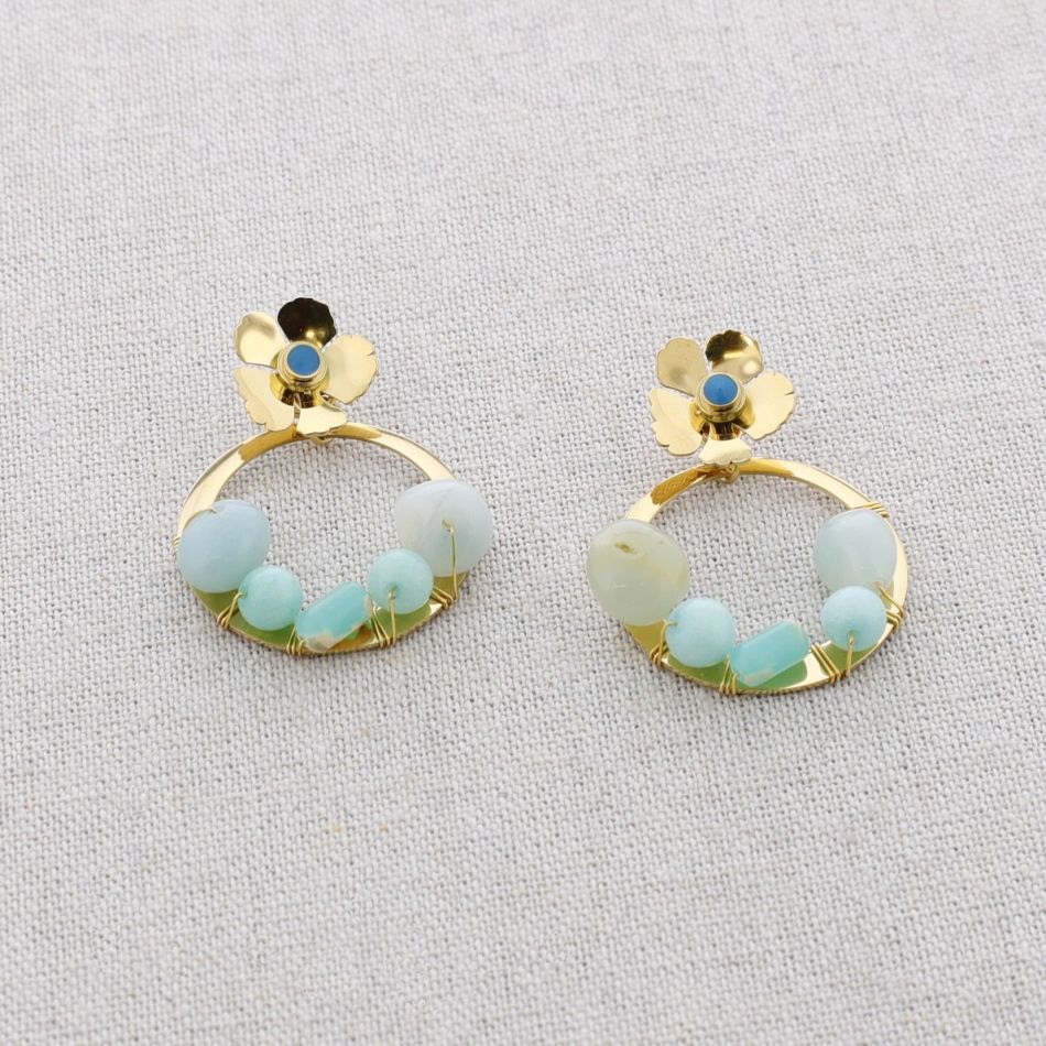 STONE FLOWER HOOP STEEL EARRINGS