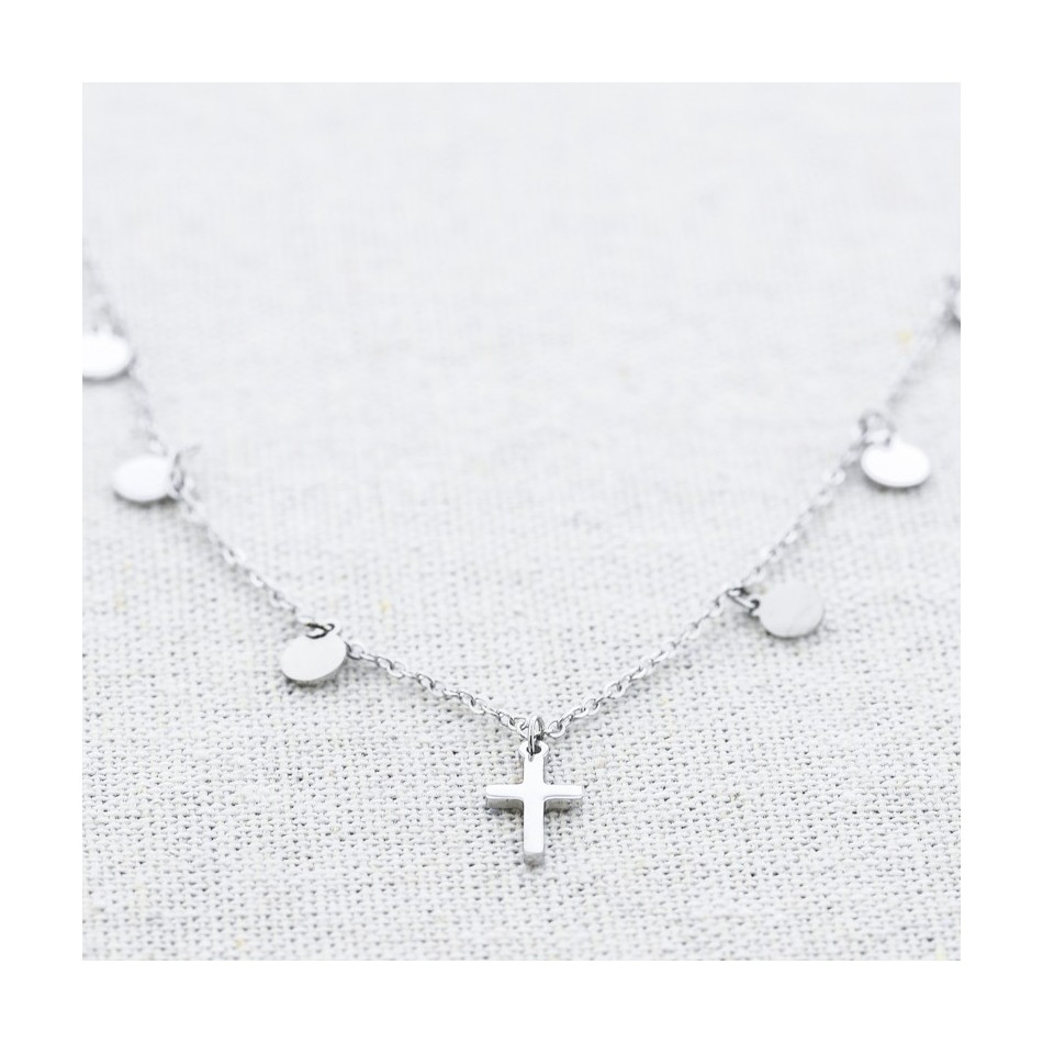 STEEL CROSS SHORT NECKLACE WITH MEDALS