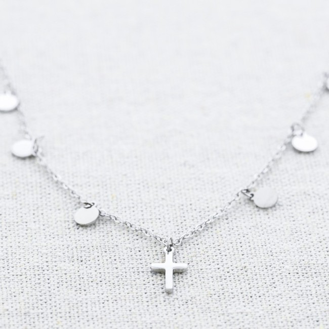 STEEL CROSS SHORT NECKLACE WITH MEDALS
