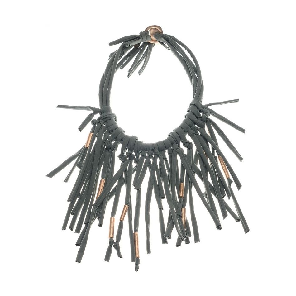 FABRIC TUBES SHORT NECKLACE WITH METAL BEADS