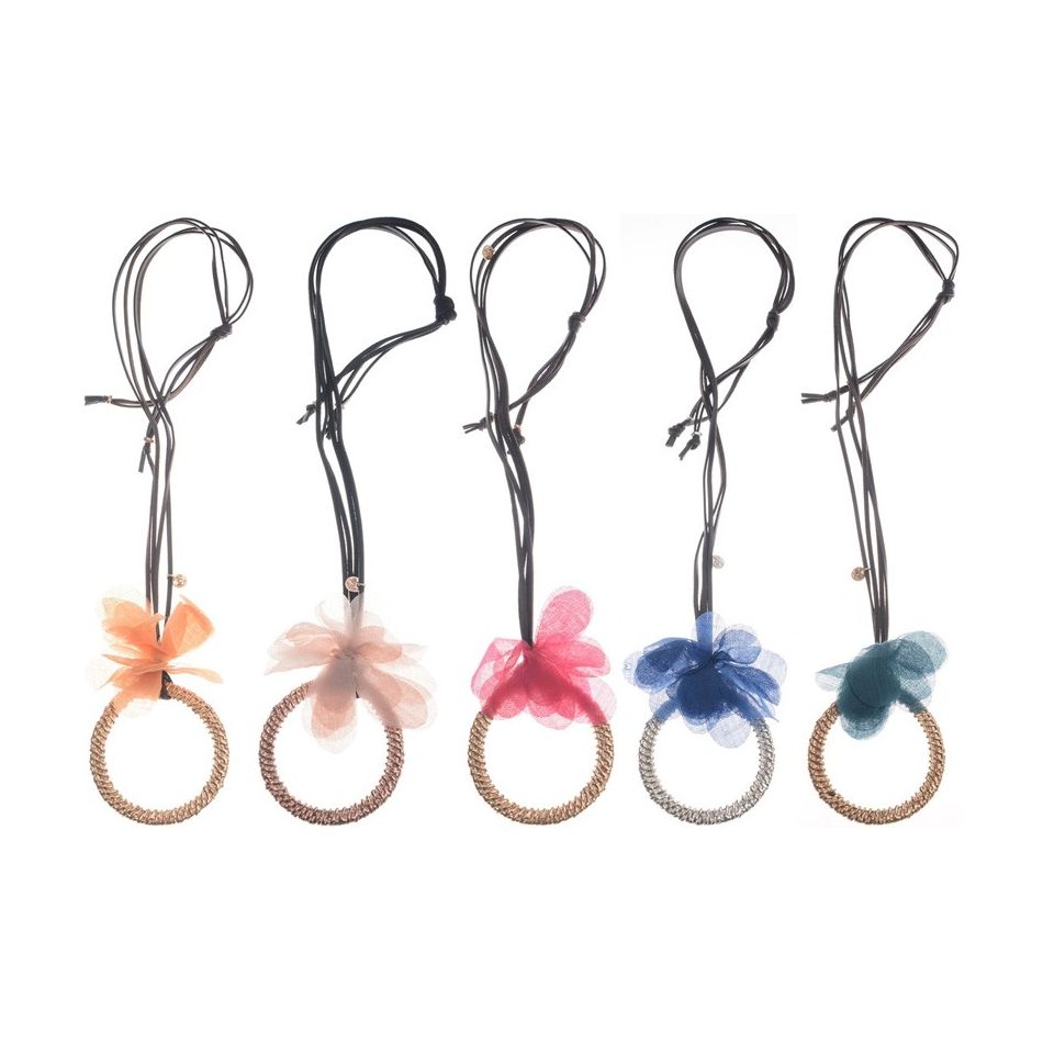 LONG FABRIC FLOWER RING PENDANT NECKLACE