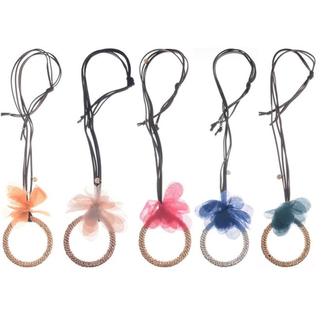 LONG FABRIC FLOWER RING PENDANT NECKLACE