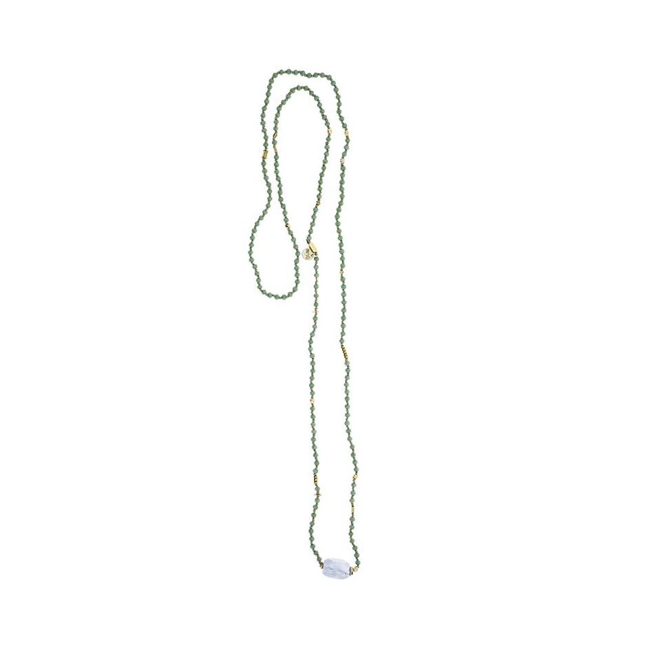 LONG NECKLACE WITH FACETED CRYSTALS AND STONE