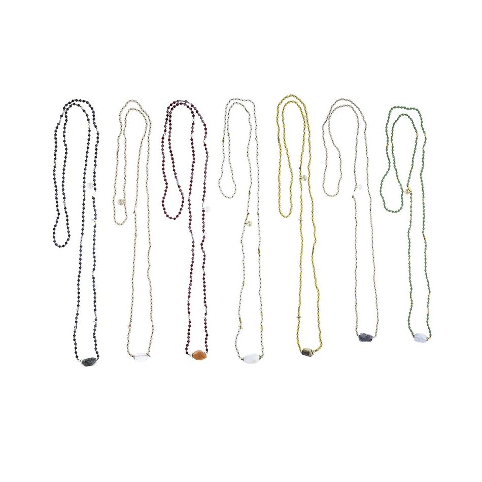 LONG NECKLACE WITH FACETED CRYSTALS AND STONE