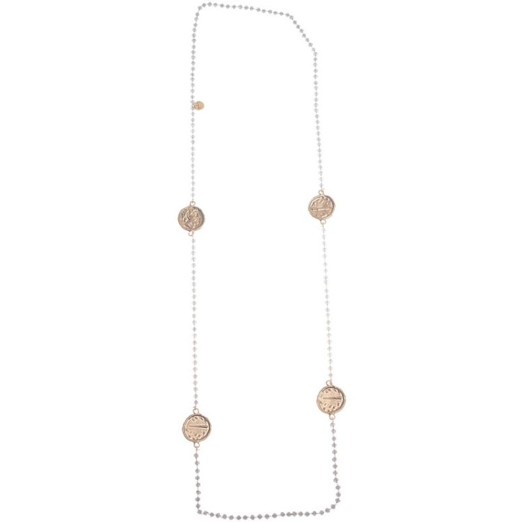 COLLAR LARGO CRISTALES FACETADOS MONEDAS METAL