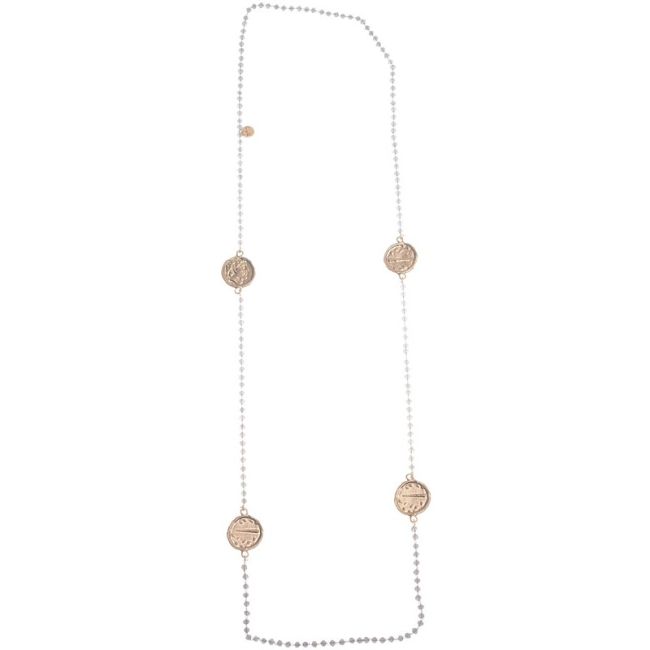 COLLAR LARGO CRISTALES FACETADOS MONEDAS METAL