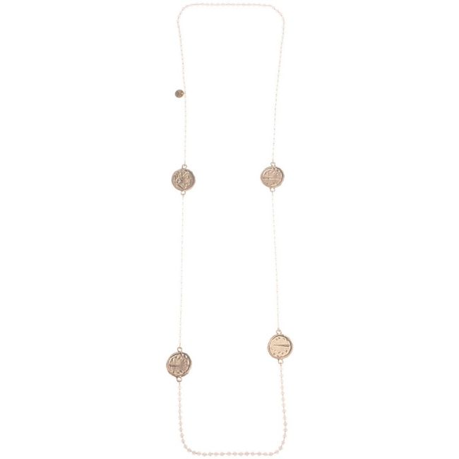 LONG NECKLACE WITH FACETED CRYSTALS AND METAL COINS