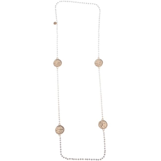 COLLAR LARGO CRISTALES FACETADOS MONEDAS METAL