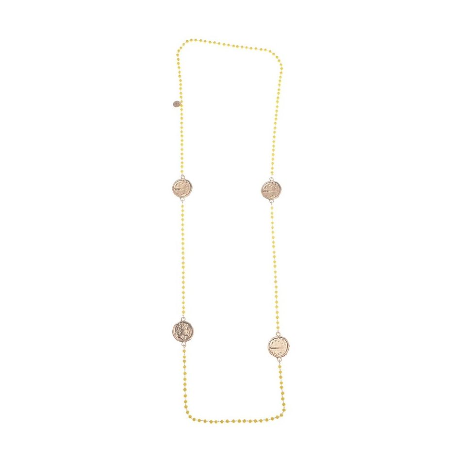COLLAR LARGO CRISTALES FACETADOS MONEDAS METAL