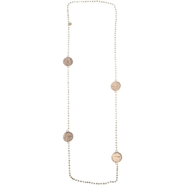 COLLAR LARGO CRISTALES FACETADOS MONEDAS METAL