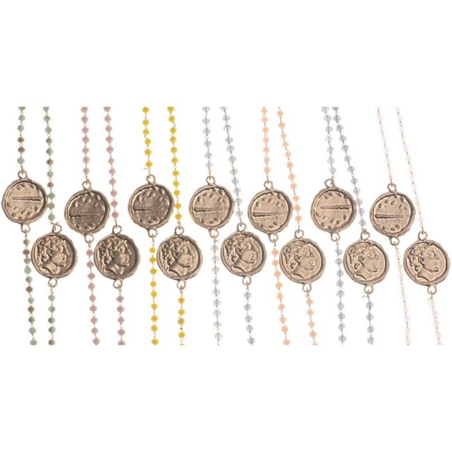 LONG NECKLACE WITH FACETED CRYSTALS AND METAL COINS