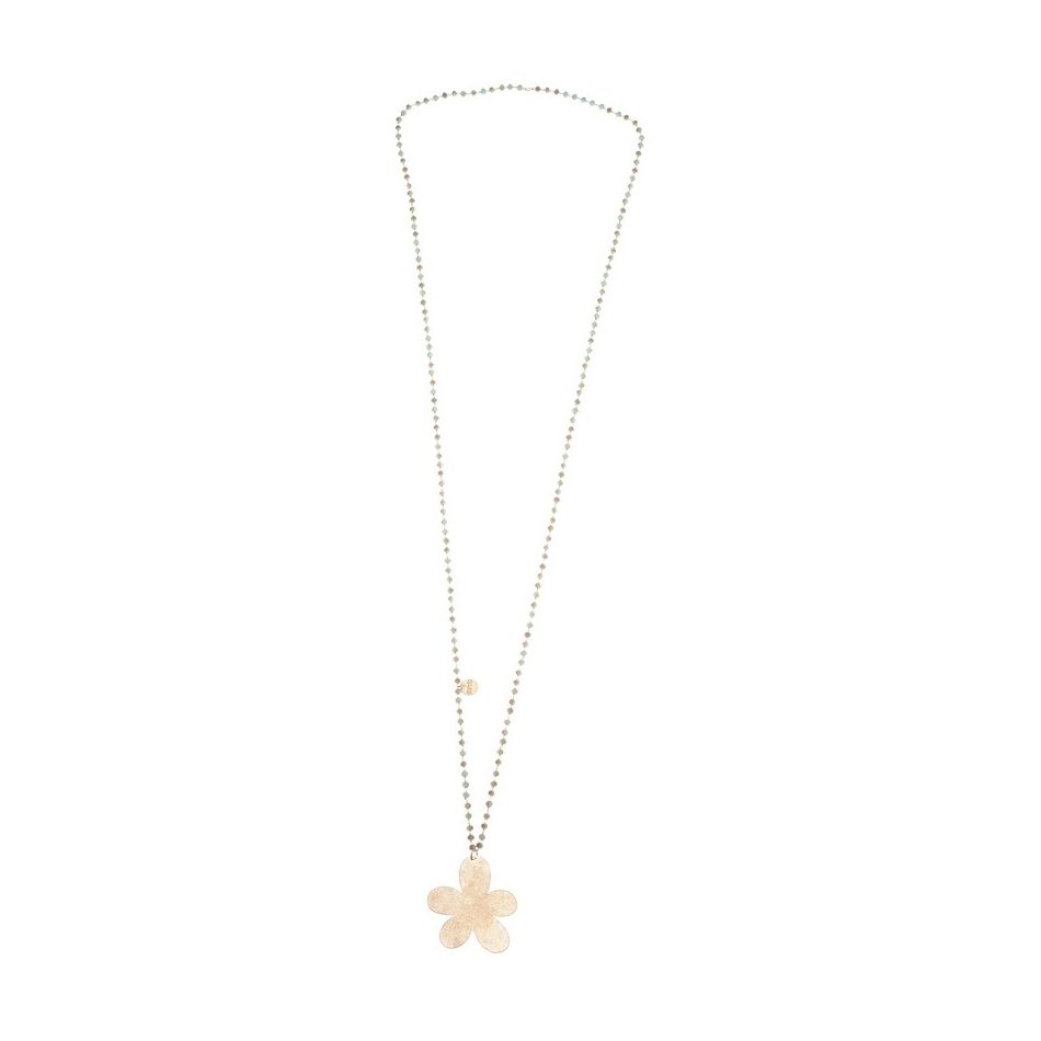 LONG NECKLACE WITH FACETED CRYSTALS METAL FLOWER PENDANT