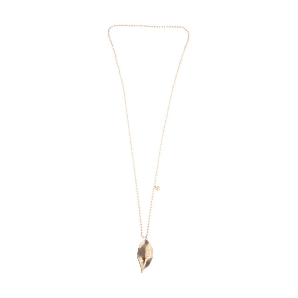 LONG NECKLACE WITH FACETED CRYSTALS AND METAL LEAF PENDANT