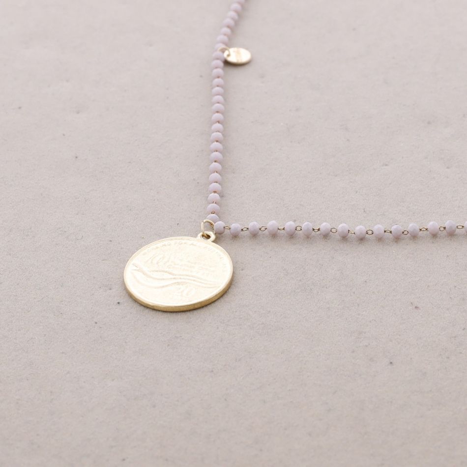 LONG NECKLACE WITH FACETED CRYSTALS AND METAL COIN PENDANT