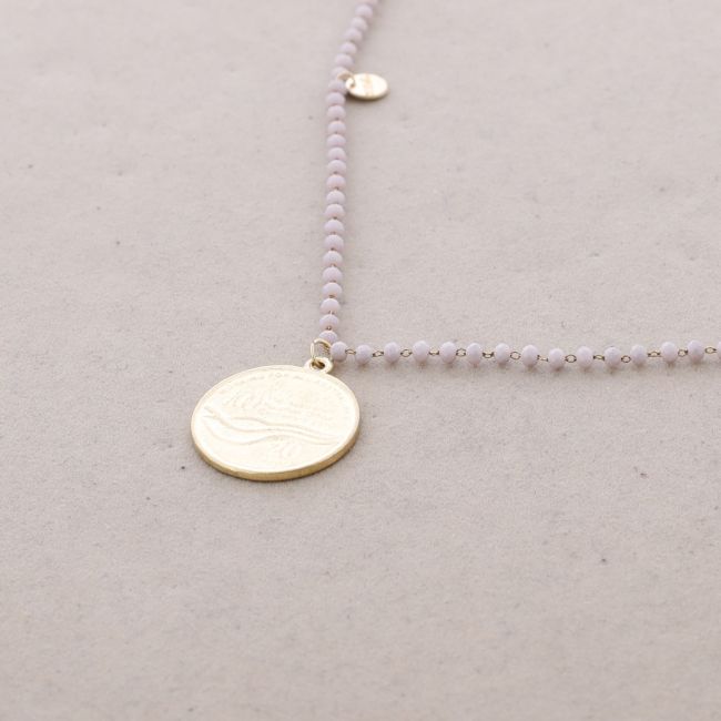 LONG NECKLACE WITH FACETED CRYSTALS AND METAL COIN PENDANT