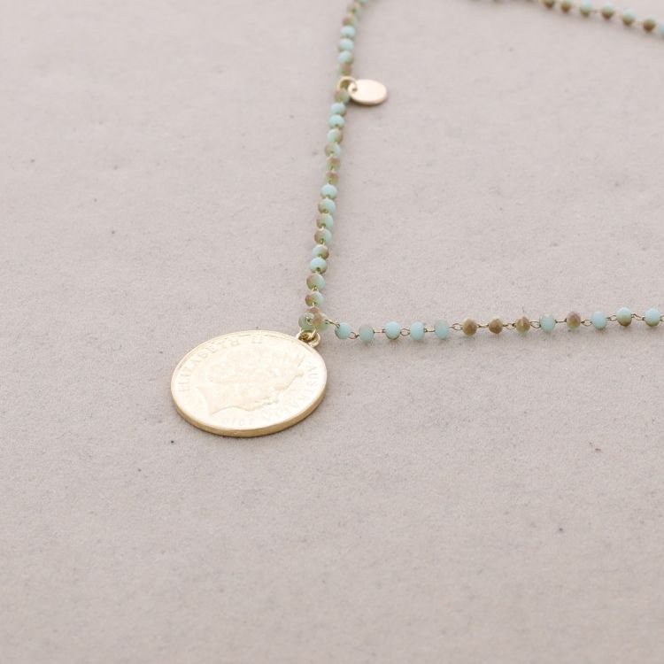 COLLAR LARGO CRISTALES FACETADOS COLGANTE MONEDA METAL 2