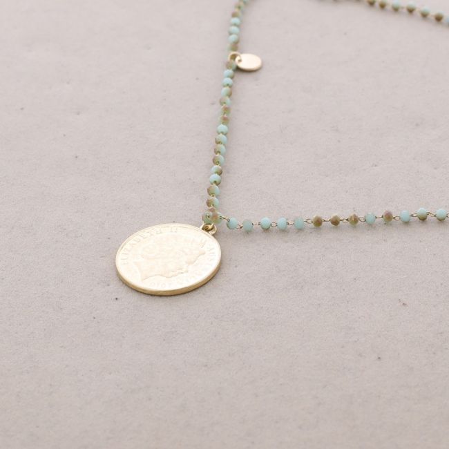 COLLAR LARGO CRISTALES FACETADOS COLGANTE MONEDA METAL