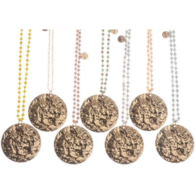 LONG NECKLACE WITH FACETED CRYSTALS METAL MEDAL PENDANT