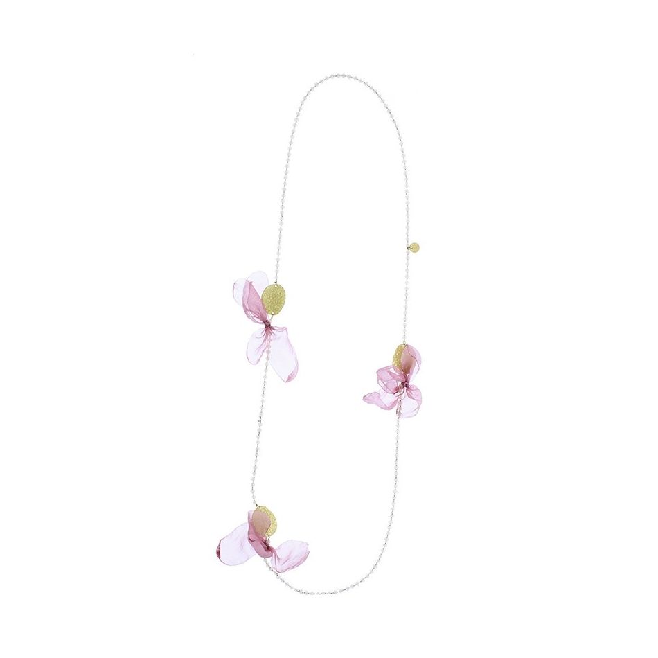 COLLAR LARGO ANILLAS MEDALLAS CRISTALES FACETADOS FLORES TELA
