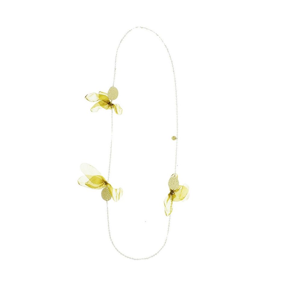 COLLAR LARGO ANILLAS MEDALLAS CRISTALES FACETADOS FLORES TELA