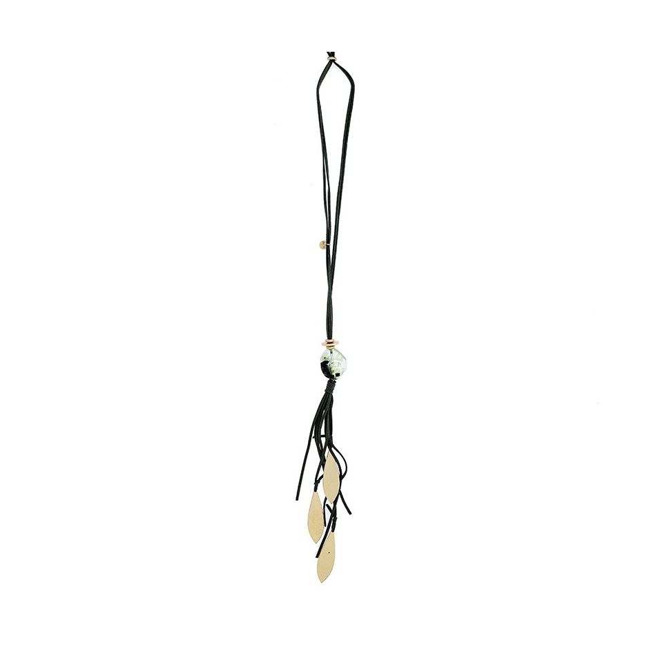LONG NECKLACE PENDANT STONES LEAVES METAL