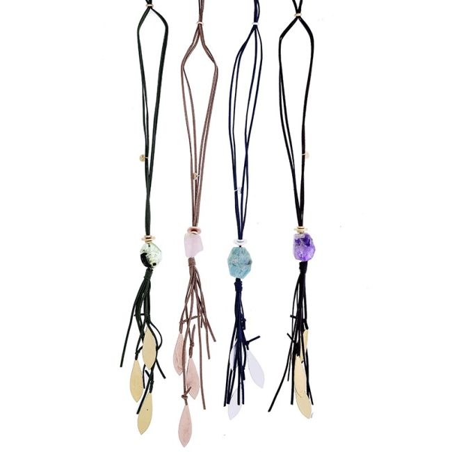 COLLAR LARGO COLGANTE PIEDRAS HOJAS METAL