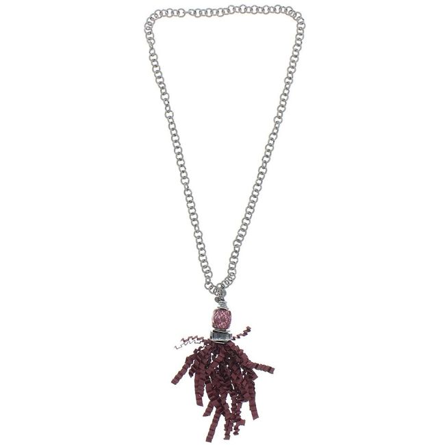 CURLY SATIN RIBBON FRINGE PENDANT LONG NECKLACE