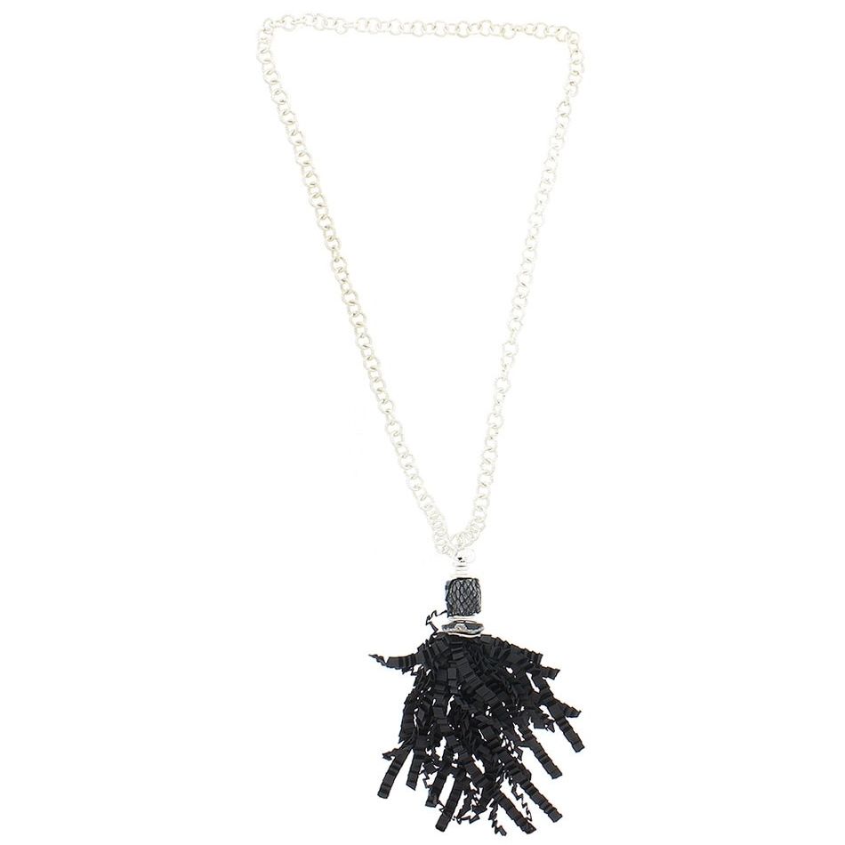 CURLY SATIN RIBBON FRINGE PENDANT LONG NECKLACE