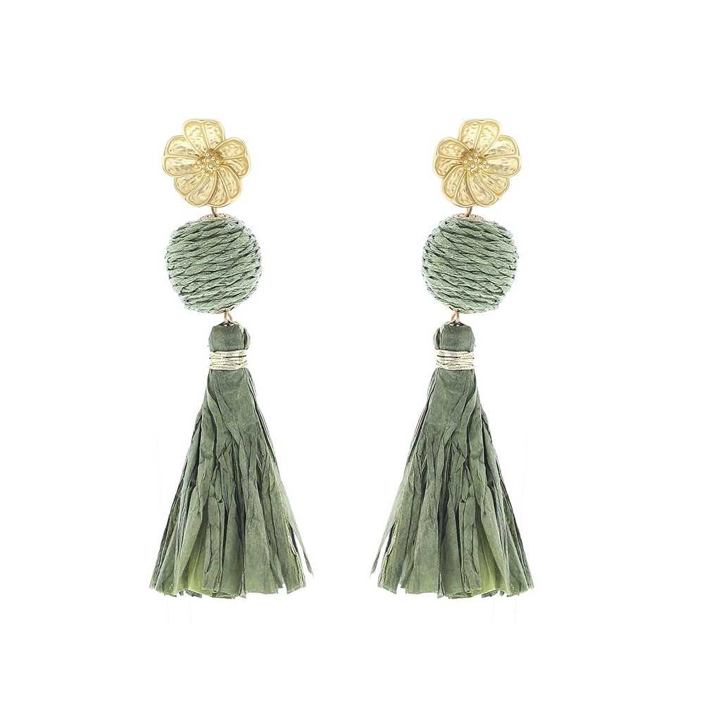 RAFFIA FRINGE BALL EARRINGS