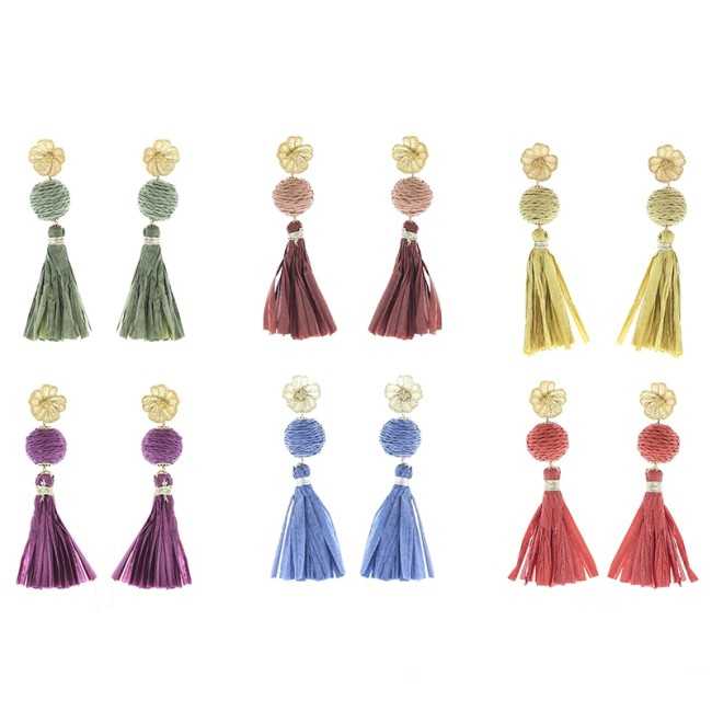 RAFFIA FRINGE BALL EARRINGS