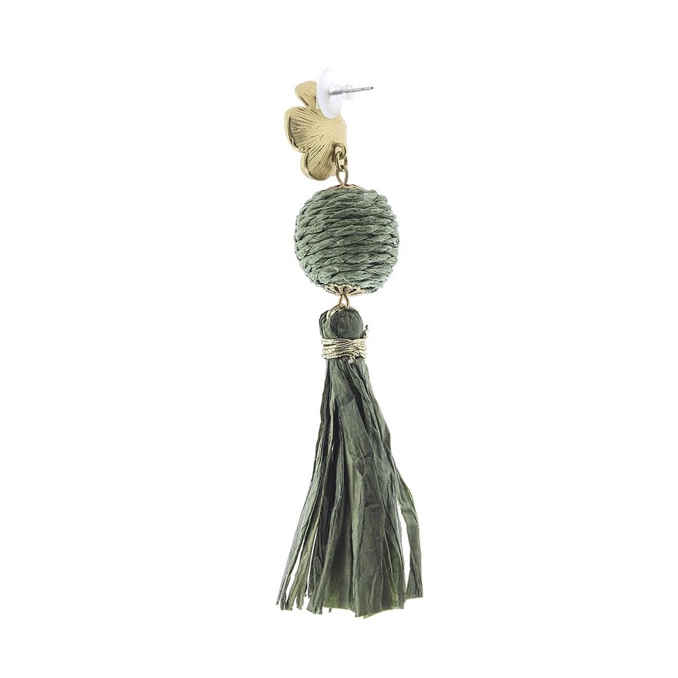 RAFFIA FRINGE BALL EARRINGS