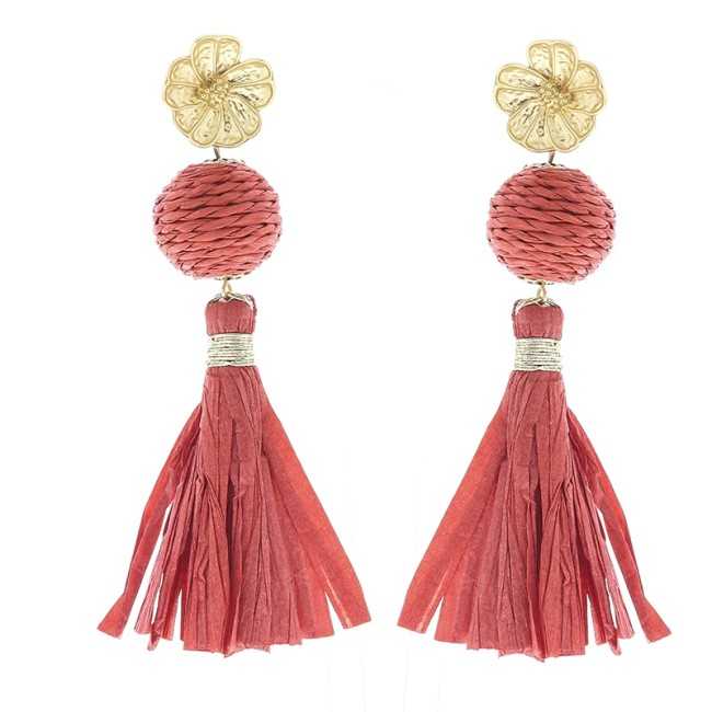 RAFFIA FRINGE BALL EARRINGS