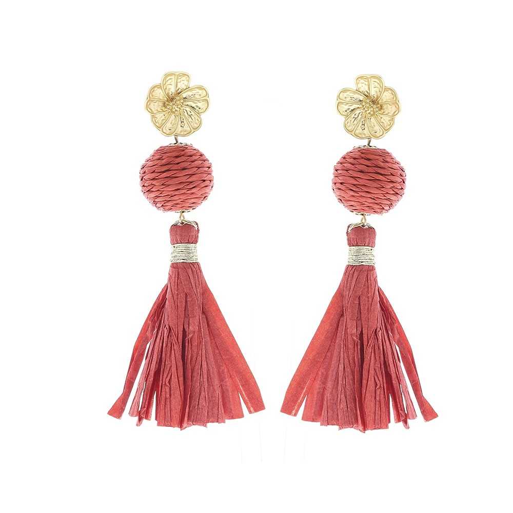 RAFFIA FRINGE BALL EARRINGS