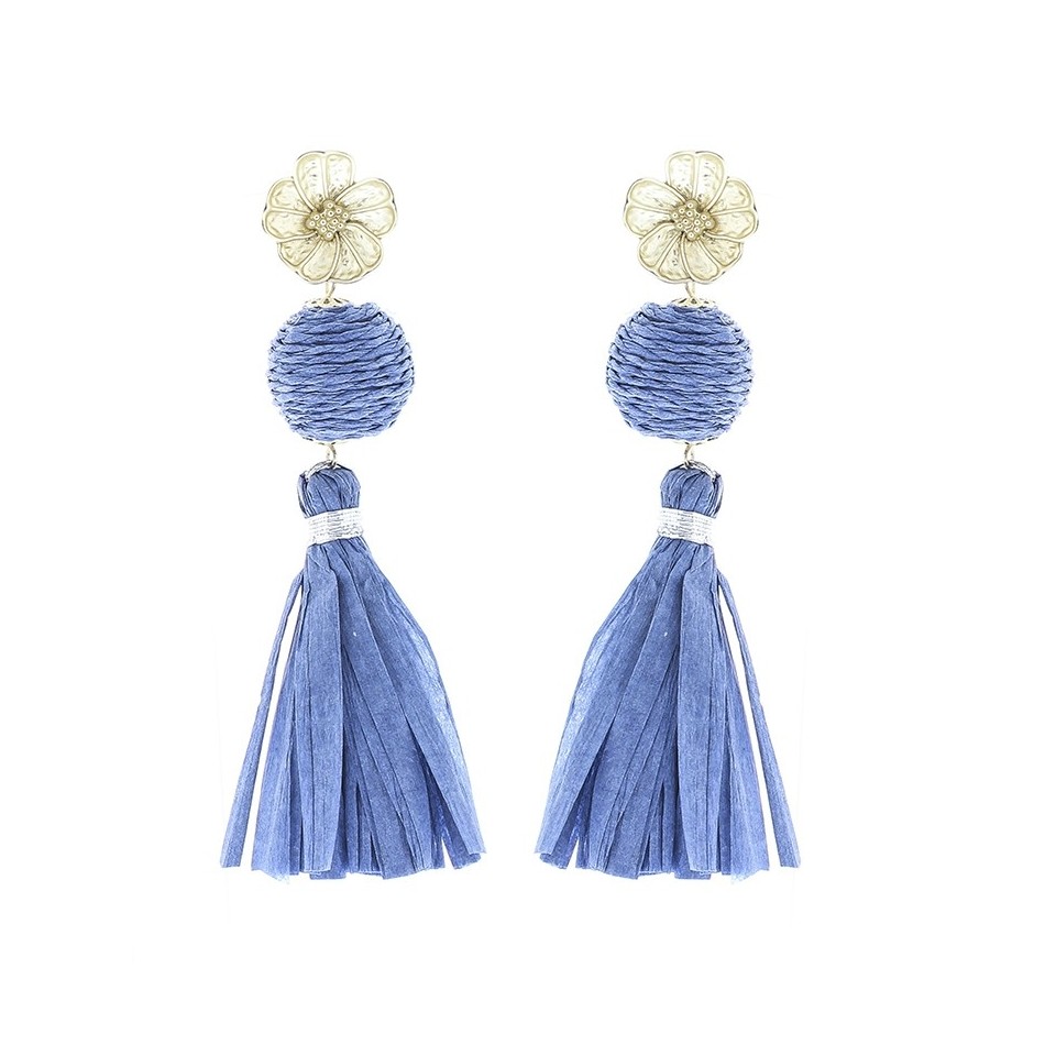 RAFFIA FRINGE BALL EARRINGS