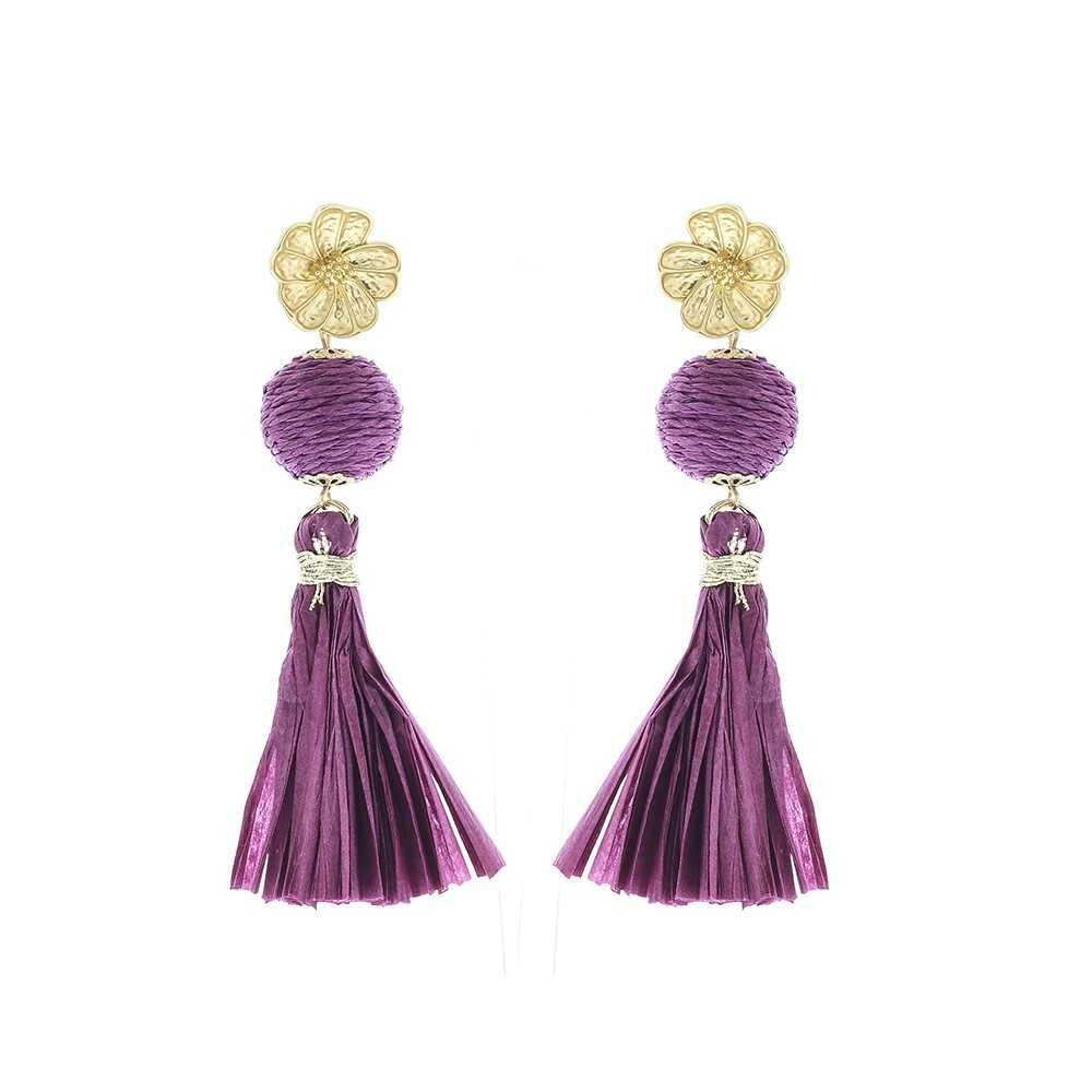 RAFFIA FRINGE BALL EARRINGS