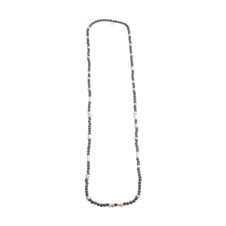 COLLAR LARGO CUENTAS METAL PIEDRAS LAVA