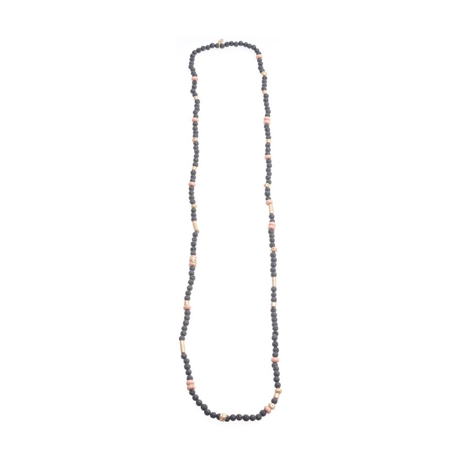 COLLAR LARGO CUENTAS METAL PIEDRAS LAVA