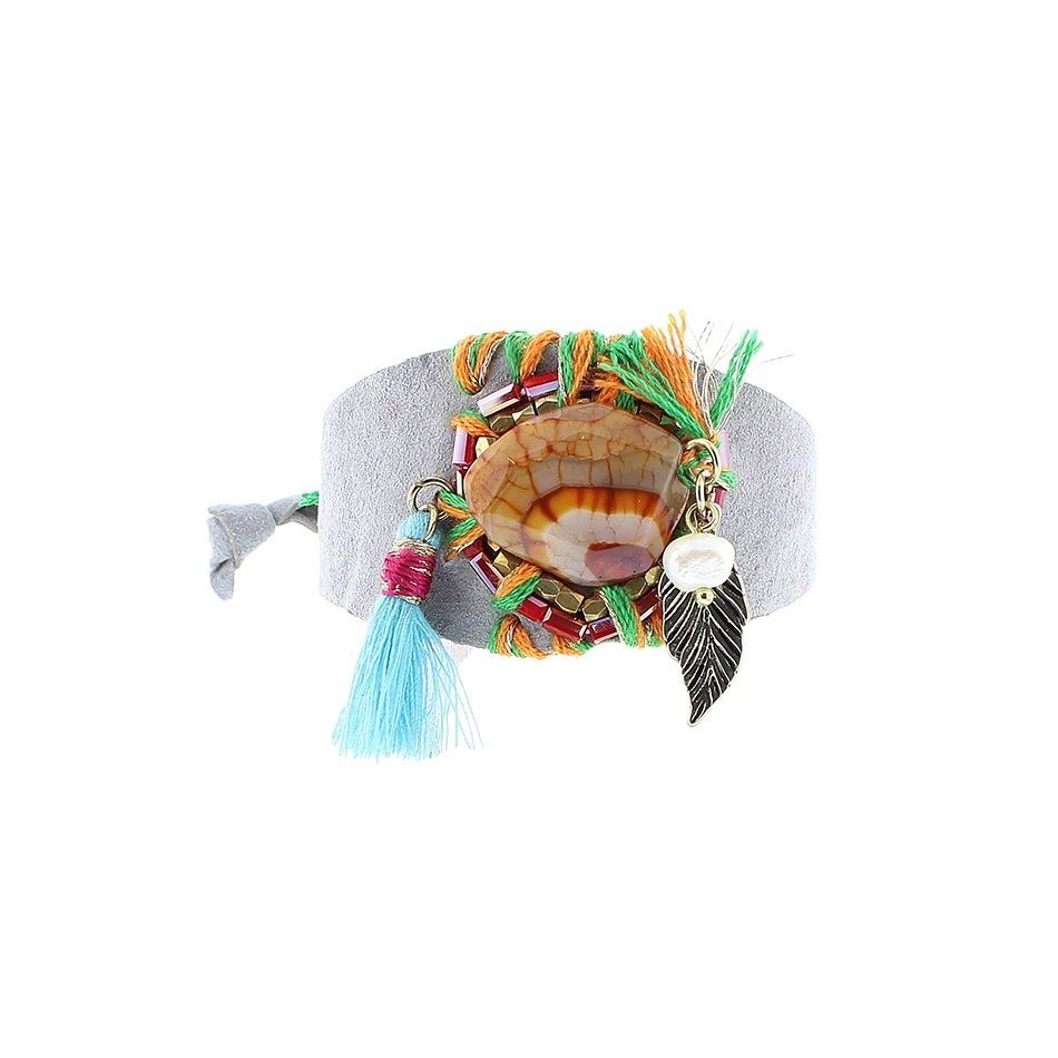 PULSERA CUERO CUENTAS PIEDRA