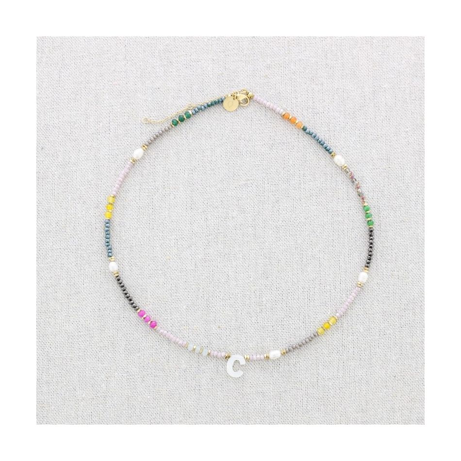 STEEL SHORT NECKLACE WITH STONES LETTER C