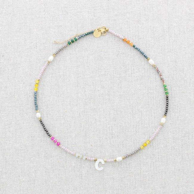 STEEL SHORT NECKLACE WITH STONES LETTER C
