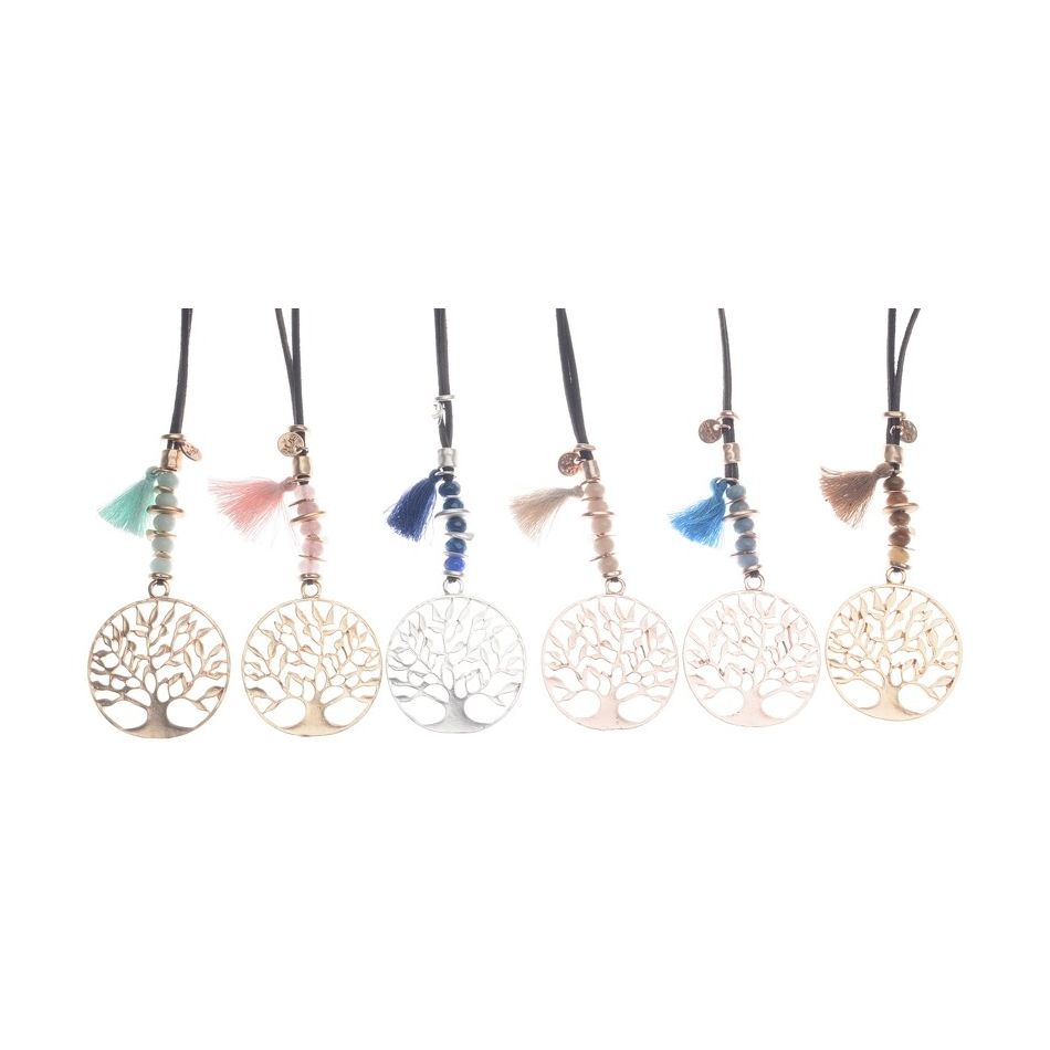 METAL TREE OF LIFE STONES LONG PENDANT NECKLACE