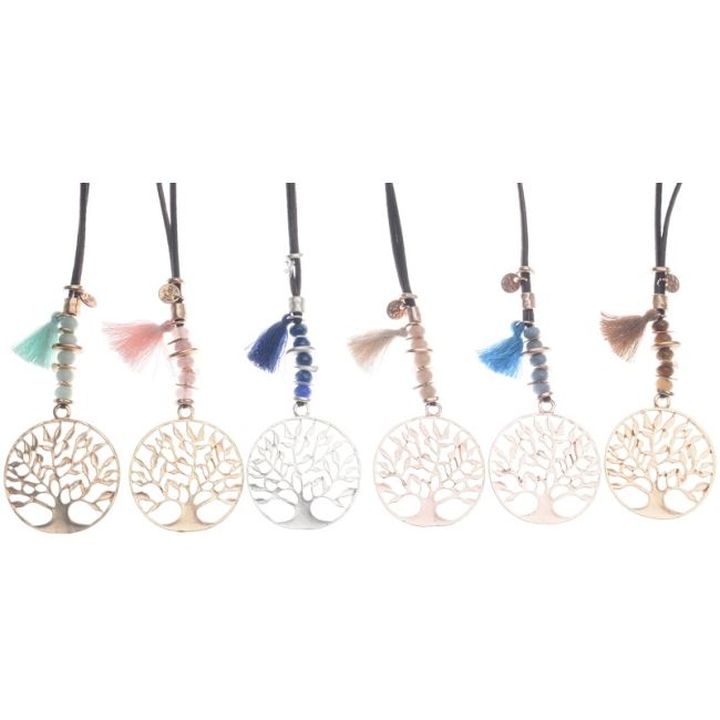 METAL TREE OF LIFE STONES LONG PENDANT NECKLACE